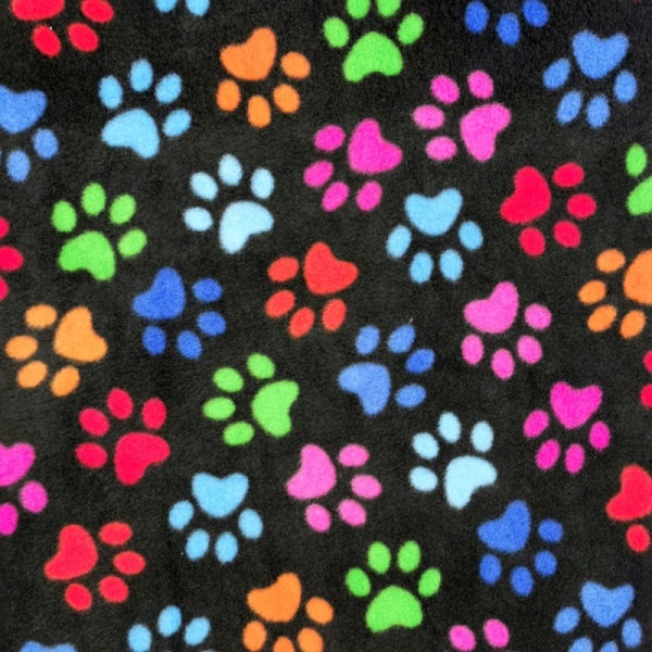 Anti Pill Fleece Fabric - Multi Paws on Black